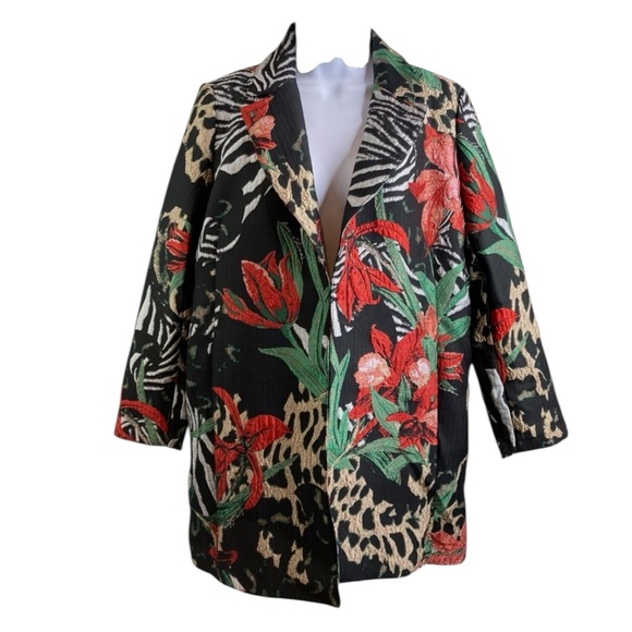 Chico's Jackets & Blazers - CHICO’s Tropical Tapestry Embroidery Long Blazer in Black/Red/Gold Size 3 (16)